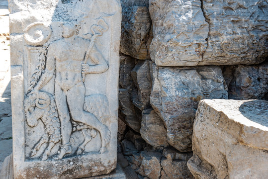 Marble reliefs in Ephesus historical ancient city, in Selcuk,Izmir,Turkey.