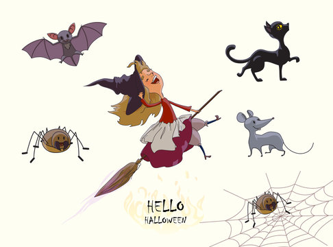 Set of characters for Halloween. Young cute witch flies on broom. Cat, spider, web, bat, mouse. Vector illustration of handmade isolated on white background.