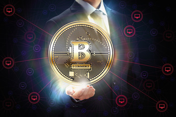 Businessman with block chain bit crypto currency coin business network mining concept design in hand