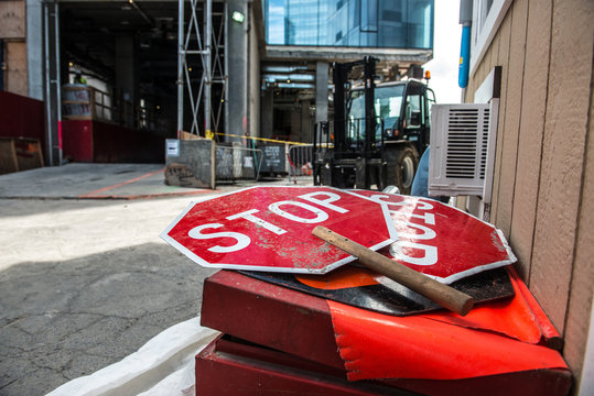 Industrial plant or construction site regulation concept photo with red stop signs
