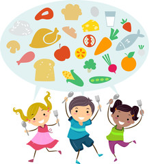 Stickman Kids Healthy Food Spoon Fork Illustration