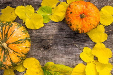 Yellow leaves and pumpkin on rustic wooden background