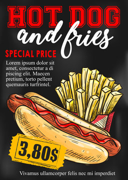 Fast food hot dog french fries vector price card