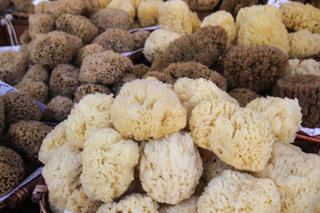 Yellow and brown natural soft sponges