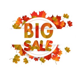 Sales banner with autumn leaves isolated on white background