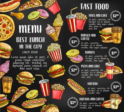 Fast food restaurant menu vector sketch poster