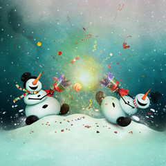 
Winter holiday greeting card with two cheerful snowman with  Christmas cracker. 