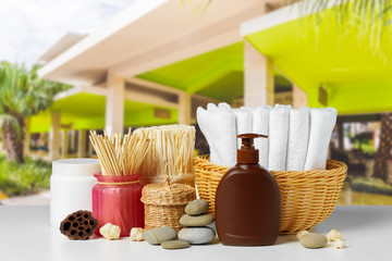 Composition of spa treatment on wooden table