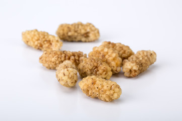 Close Up Shot Of Dried White Mulberries Fruits Isolated On White Background, A Healthy And Popular Sweet Snacks In Iran And Turkey