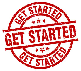 get started round red grunge stamp