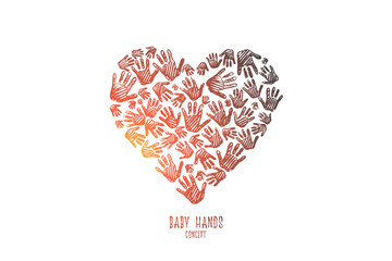 Baby hands concept. Hand drawn a lot of prints baby hand. Kid hands in shape of heart isolated vector illustration.