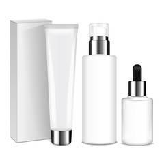 Realistic cosmetic bottles with silver caps. Vector containers and tubes for cream, lotion, gel, balsam, foundation cream. 3d Illustration