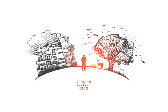 Ecology concept. Hand drawn urban factory and park with tree. Person between two worlds isolated vector illustration.