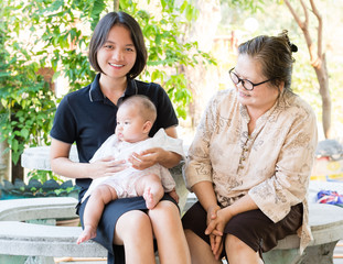 Happy family hugging her cute baby in the park