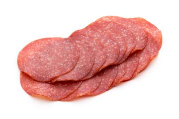 Salami slices isolated on white background.