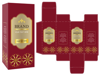 Packaging design, red and gold luxury box design template and mockup box. Illustration vector