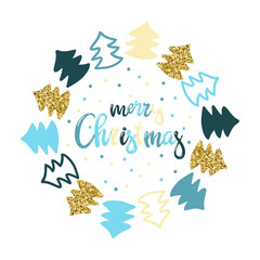 Hand-written inscription Merry Christmas and frame of small christmas trees. Vector background suitable for greeting cards, posters, invitations.