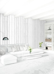 White bedroom minimal style Interior design with wood wall and grey sofa. 3D Rendering.