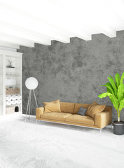 White bedroom minimal style Interior design with wood wall and grey sofa. 3D Rendering.