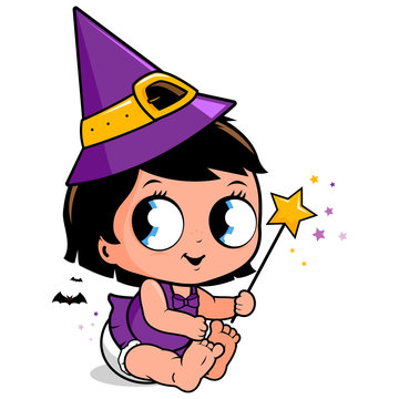 Cute baby girl in a Halloween witch costume. Vector illustration