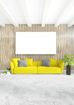 Modern bedroom yellow sofa luxury minimal style Interior loft design with eclectic wall. 3D Rendering.