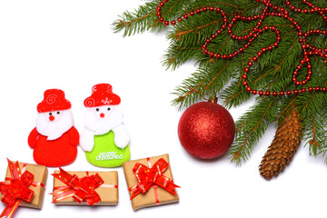 Christmas background. Top view with copy space. fir tree with cone isolated on white background