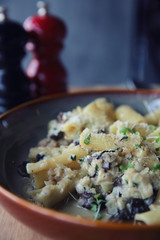 pasta mushroom truffle oil on wood background , Rigatoni pasta noodle with truffle oil mushroom and cheese , Italian food