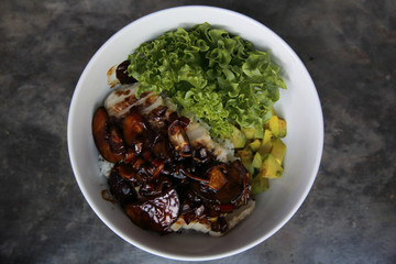 Clean food , breast chicken teriyaki with avocado