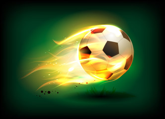 Vector illustration of a football, soccer ball in a fiery flame on a green field