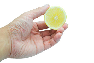 Asian's hand squeezing cutted lemon isolated on white background with Clipping path