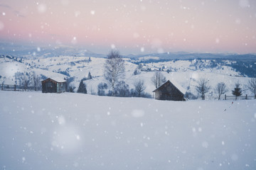 Winter mountain snowy rural landscape