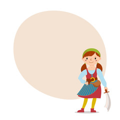 Little pirate girl in bandana and striped yellow tights holding cutlass with place for text, cartoon vector illustration isolated on white background. Kid, girl in pirate costume standing with sword