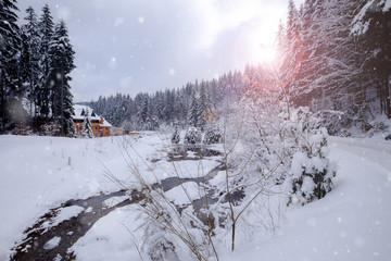 Wooden cottage in winter snowy forest