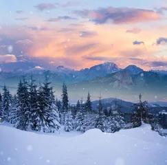Zelfklevend Fotobehang Beautiful winter alpine mountain snowy hills © Nickolay Khoroshkov
