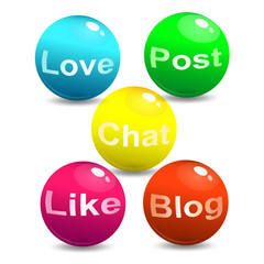 Vector illustration of Web Social Network Concept. Media and social network signs and words on bouncing colorful spheres isolated on white background in bright colors.