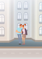 Young couple on city street. The man gave the girl his jacket. Embracing lovers. Vector illustration.