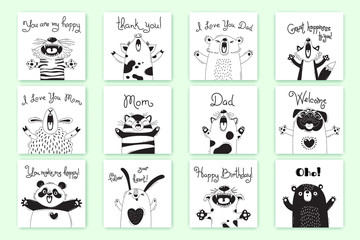 Cards with funny animals and exclamations. Tiger Pig Bear Fox Sheep Cat Pug Panda Rabbit for the design of childrens parties, rooms, stickers, posters, t-shirts