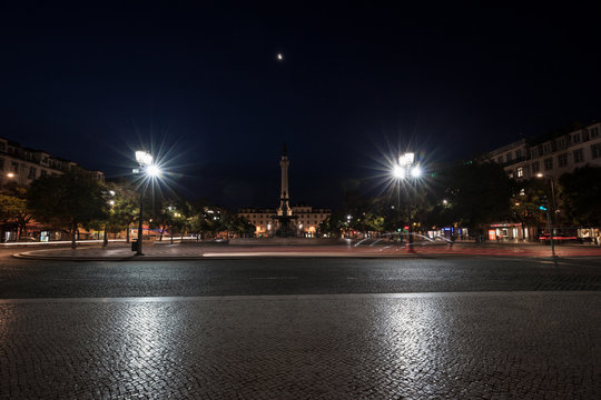 Panorama of Rossio Square in Lisbon at night