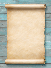 Old blank paper scroll on blue background 3d illustration