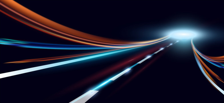 Vector illustration of dynamic lights. High speed road in night time abstraction. City road car light trails motion background.
