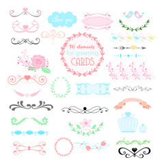 Vector illustration of wedding graphic set, arrows, hearts, laurel, wreaths, ribbons, labels and other elements in pastel colors on white background in flat cartoon style.