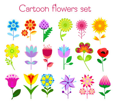 Vector illustration set of cartoon style colorful flowers in bright colors. Isolated on white for greeting cards, Easter, thanksgiving, scrap booking.