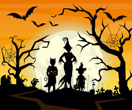 Vector illustration of Halloween background with silhouettes of children trick in Halloween costume. Halloween postcard in flat cartoon style.