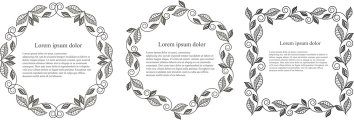Monochrome leaf round, hexagon, square frame Lorem ipsum stock vector illustration