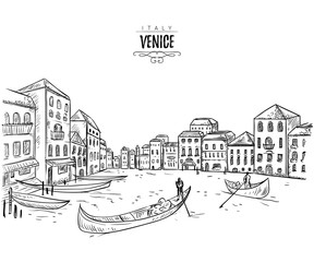 Venice. Cityscape with houses, canal and boats. Vintage vector illustration in sketch style