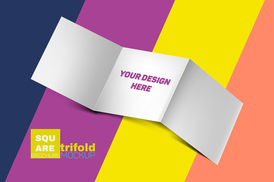 Empty (clear) White Square Trifold (tri Fold) Brochure Mockup For Your Design Laying Down On Colorful Modern Background With Diagonal Lines With Shadow. Ready To Use, Easy To Recolor