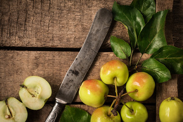 fresh apples on a wooden table, Top view 