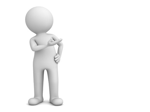 3d man presenter standing and pointing hand at blank space isolated over white background with shadow . 3D rendering.
