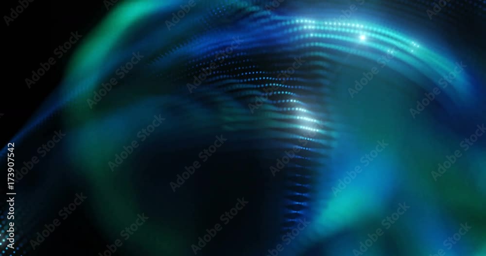 Poster 4k animated background loop with audio elements. 3d abstract digital wave of glowing particles and w