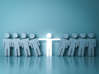 Stand out from the crowd and different creative idea concepts , One glowing light man standing with arms wide open among other people on dark green background with reflection and shadow. 3D rendering.